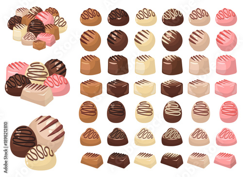 Assorted chocolates of various shapes, colors, and flavors are arranged.