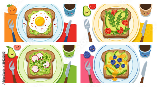 Set of four cute flat vector illustrations of healthy avocado toast breakfast variations featuring fried egg, cherry tomatoes, radishes, and blueberries with honey on vibrant colorful plates.