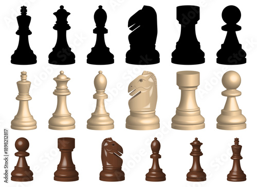 Chess Pieces: Array of Black, Brown and White Chess Pieces on a White Background
