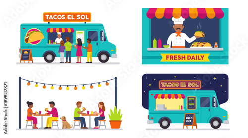 Vibrant flat vector illustration set of a Mexican taco food truck business featuring scenes of customers queuing, a chef serving fresh tacos, people dining outdoors, and the truck at night time.