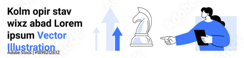 Business planning, strategy development, growth analysis, decision-making, competitive advantage, teamwork. Knight chess piece with upward arrows and person pointing with a tablet. Strategy