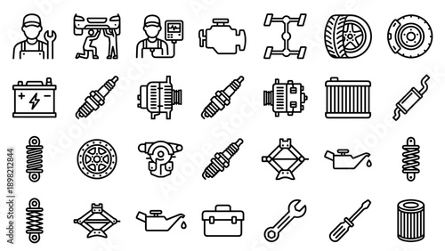 Vector Set of Car Mechanic and Auto Parts Line Icons Featuring Vehicle Repair Service, Engine Components, Maintenance Tools, Battery, Spark Plug, Tire, Brake, and Garage Equipment Symbols