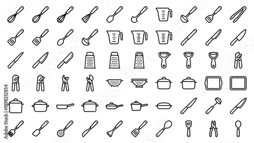 Vector Collection of Kitchen Utensils and Cooking Line Icons in Minimalist Style. Features Whisk, Spatula, Ladle, Knife, Peeler, Grater, Pot, Pan, and Various Culinary Tools on White Background.