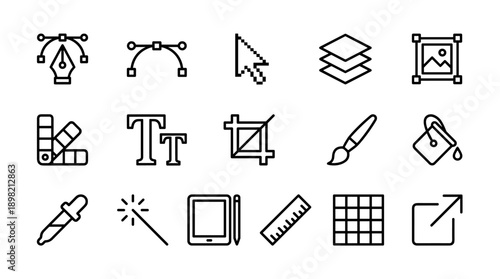 Collection of 15 Minimalist Graphic Design Tool Line Icons Featuring Pen Tool, Bezier Curve, Cursor, Layers, Image Frame, Color Swatches, Typography, Crop, Brush, Paint Bucket, Pipette, and Wand.