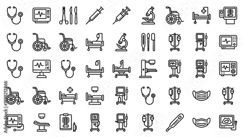 Medical Equipment and Hospital Device Icon Set with Stethoscopes, Wheelchairs, Hospital Beds, ECG Monitors, Syringes, Microscopes, and Surgical Tools in Minimalist Black Line Art Vector Style.