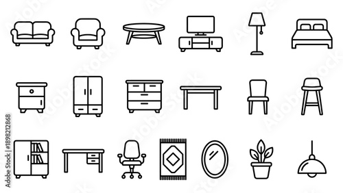 Vector Set of Home Interior Furniture Line Icons Featuring Minimalist Sofa, Chair, Table, Bed, Lamp, Wardrobe, Desk, and Decor Elements Isolated on White Background for Modern House Design