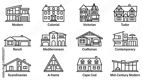 Vector set of house architecture styles line icons featuring Modern, Colonial, Victorian, Tudor, Ranch, Mediterranean, Craftsman, Contemporary, Scandinavian, A-frame, Cape Cod, and Mid-Century.