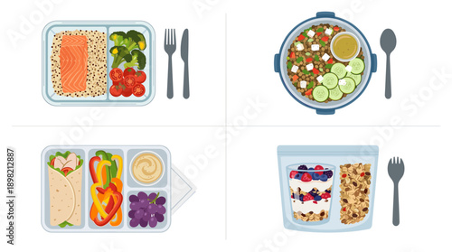 Vector set of four healthy meal prep containers featuring salmon, quinoa, lentil salad, chicken wrap, and yogurt parfait. Flat illustration of balanced diet lunch boxes for meal planning and