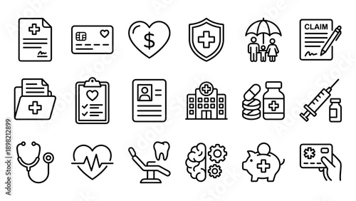 Vector Set of Medical Insurance and Healthcare Line Icons Featuring Hospital, Medicine, Dental Care, Family Protection, Insurance Claim, Medical Records, Stethoscope, and Financial Symbols.