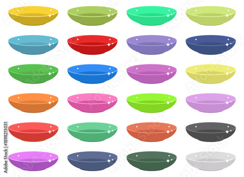 Assortment of Colorful Bowls: A rainbow of shiny bowls isolated on white.