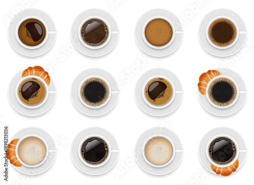 Array of coffee and croissant cups on saucers, overhead shot on white