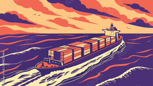Large Container Ship Transporting Goods Across Ocean with Dramatic Sunset Sky and Deep Blue Waves