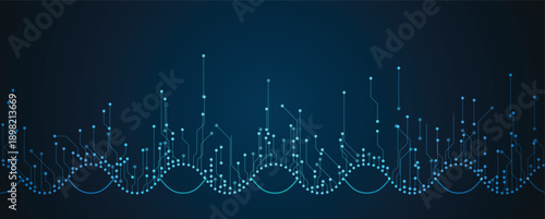 Futuristic science and technology background, DNA spiral strands, connected neural web