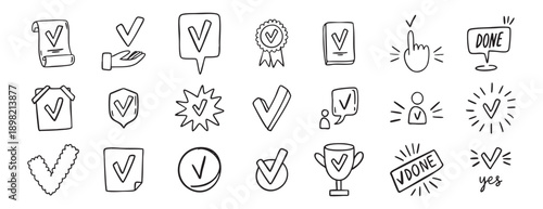 hand drawn Set of Approve Related Vector Line Icons. Contains such Icons as Protection Guarantee, Accepted Document, Quality Check. doodle. Suitable for stickers, logos, posters, packaging and.