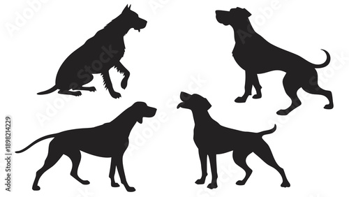 Four black dog silhouettes in different poses