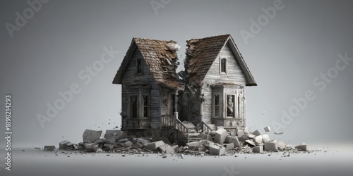 The House Split in Two Surrounded by Rubble in a Stark Studio Setting