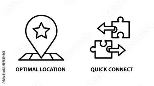 Location and connection icons: optimal spot marker and puzzle pieces, for planning and networking