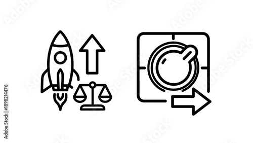 Rocket launch and scale icon, with a washing machine icon suggesting startup growth and laundry service
