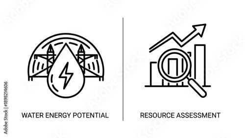 Icons for water energy potential and resource assessment, showing power lines, lightning bolt, and charts