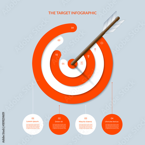 Vector target infographic multi-layered bullseye design template with 4 colorful concentric rings and an arrow hitting the center. Each ring includes numbered steps, icons and matching text boxes.