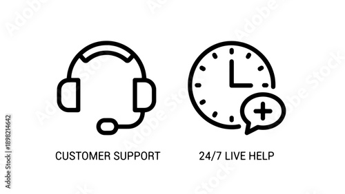Customer support and 24/7 live help icons: headset and clock with chat bubble, for assistance and service