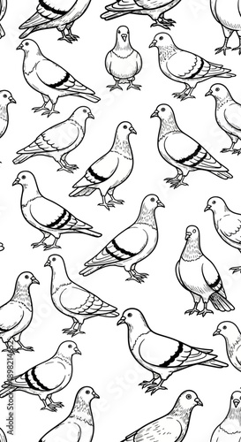 Illustration of Various Pigeons, Wildlife Pattern Design, Minimalist Style, Urban Environment, Creative Viewpoint