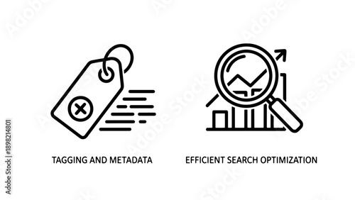 Marketing Icons: Tagging and Metadata with Search Optimization, representing SEO and digital strategy