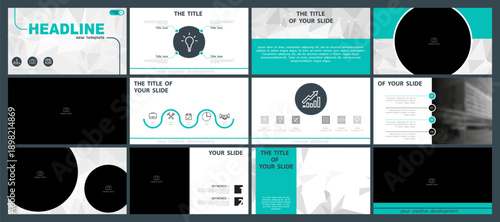 Business infographic presentation templates, green and black elements on white background. Use in flyer, PowerPoint, webinar pages, website design, banner, corporate annual report. Vector illustration