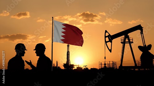 Bahrain Flag, Oil Workers and Rigs Silhouette at Sunset
