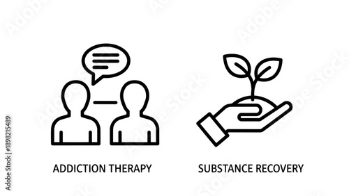 Icons of addiction therapy and substance recovery, showing people talking and a hand holding a growing plant, symbolizing healing and growth.