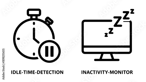 Idle time detection stopwatch with pause symbol and inactivity monitor computer icon with Zzzs, representing computer efficiency and time tracking.