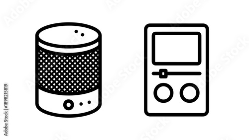 Smart speaker and portable media player icons, representing audio technology, music playback, and digital entertainment devices.