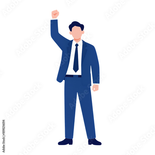 Man in blue suit raising fist