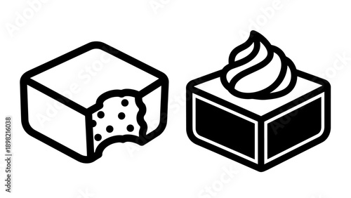 Dessert icons: a bitten square cake and a square cake with frosting swirl
