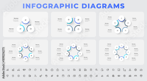 Circular infographic diagrams set with round process cycles and icons for business strategy visualization on light background