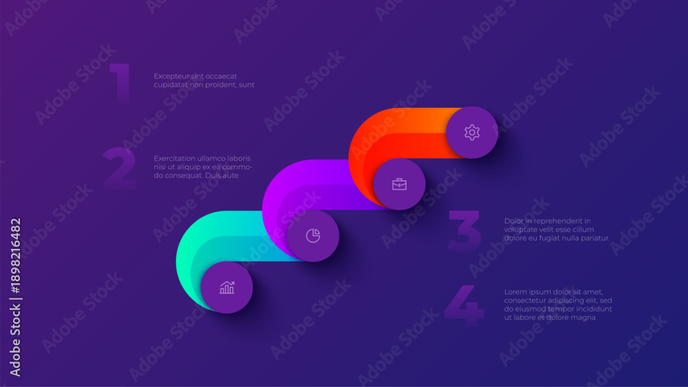 Fototapeta premium Four steps curved arrow process infographic with circular elements on dark gradient background for business strategy
