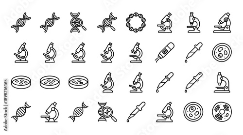 Vector Set of Biology and Laboratory Line Icons Featuring DNA Double Helix, Microscopes, Petri Dishes, Pipettes, and Scientific Research Symbols for Education, Medicine, and Biotechnology Design