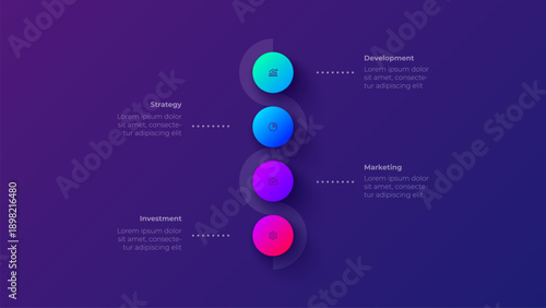 Four steps vertical shape process infographic with circular elements on dark gradient background for business presentation