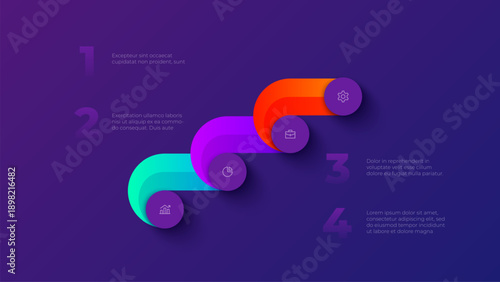 Four steps curved arrow process infographic with circular elements on dark gradient background for business strategy