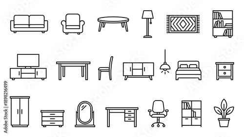 Vector Set of Minimalist Home Interior Furniture Line Icons Including Sofa, Bed, Table, Chair, Lamp, Bookshelf, Wardrobe, Desk, and Plant for Modern House Design and Architecture Planning.
