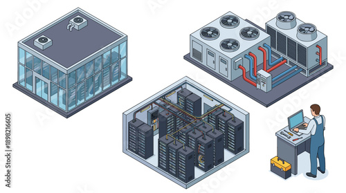 Isometric vector illustration set of data center infrastructure featuring a server room building, internal server racks, industrial HVAC cooling system, and an IT technician at a workstation.