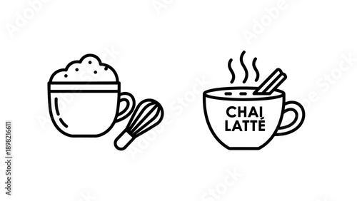Chai latte cup icon with steam and whisk icon, symbolizing warm spiced tea