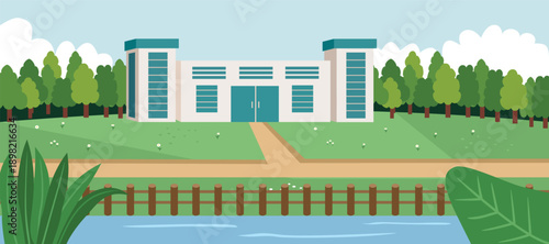 Modern Building in a Serene Park Landscape by the River. Green city. Hospital building. Government office. 