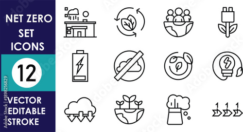Net zero set icons featuring sustainable lifestyle, eco transport, renewable energy, recycling, clean industry, green farming, carbon reduction, and environmental protection symbols