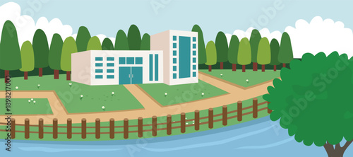 Modern Building by the River in a Green Landscape. Green city. Public service building. Apartment building