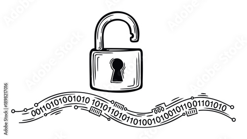 Unlocked padlock icon signifying breached digital security and open access to sensitive information represented by a stream of binary code, ideal for cybersecurity warnings or data privacy