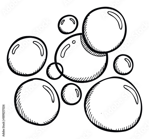 Handdrawn soap bubbles with reflective highlights and textured shading create a playful graphic element, ideal for whimsical designs, childrens illustrations, or unique background accents.