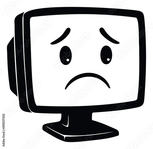 Sad computer monitor character with a disappointed expression representing technical difficulties or system errors for software companies and IT support educational materials.