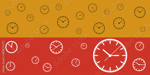 Clock time background pattern with multiple timepiece icons on split colored backdrop conceptual for business deadline project management planning and scheduling infographic presentation banner graphi