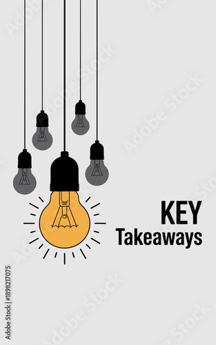 Key Takeaways lightbulb concept with hanging light bulbs illuminating strategy and solutions for business presentations and marketing materials for innovation growth and success in corporate technolog